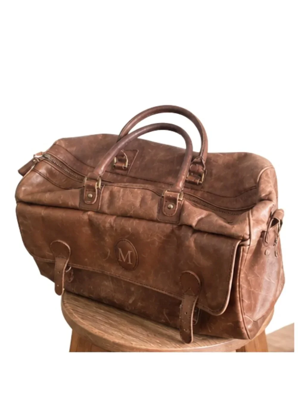 Leather Duffle Bag - Leather Travel Bag w/ Patina, Spacious Weekender - Picture 4 of 7